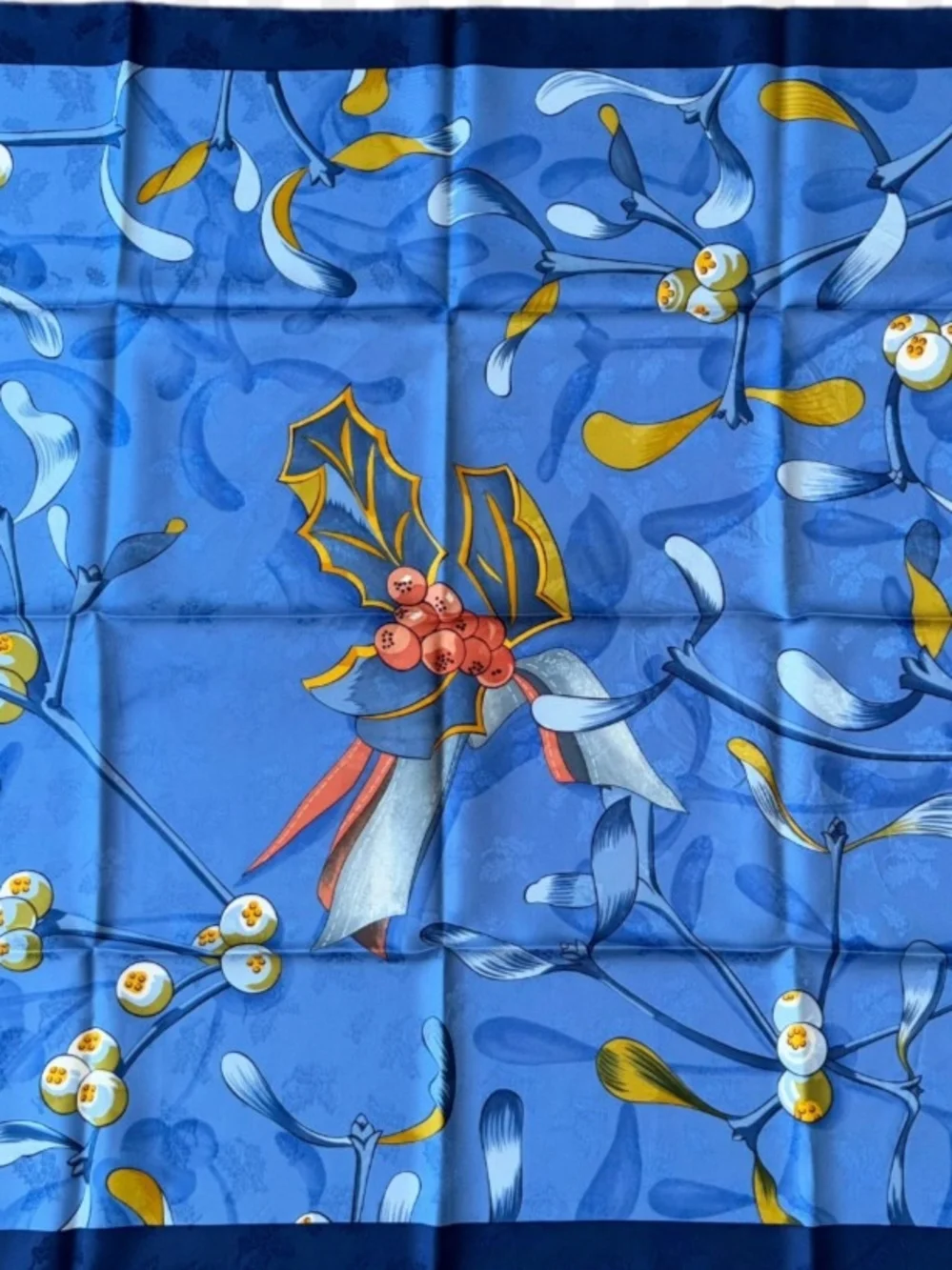 Hermès Blue and Gold Silk Scarf with Navy Border